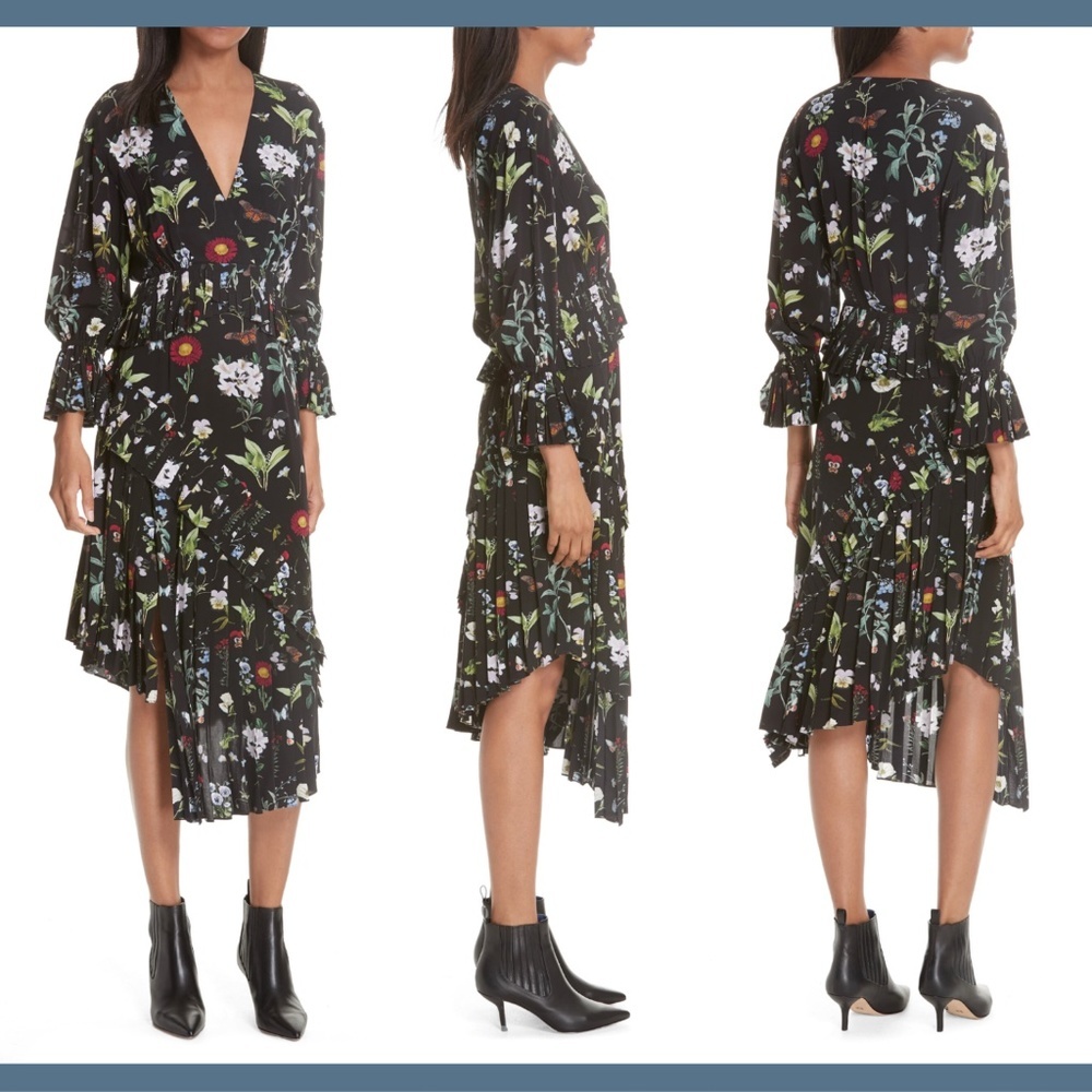 NEW $548 Joie Analena Floral Pleated Ruffle Midi Dress‎ [SZ XXS ]